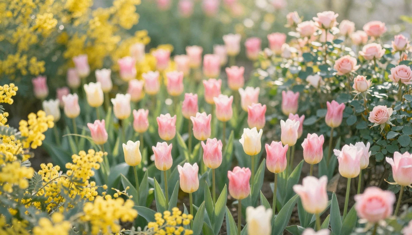 A lush garden filled with blooming tulips, mimosa flowers, a...