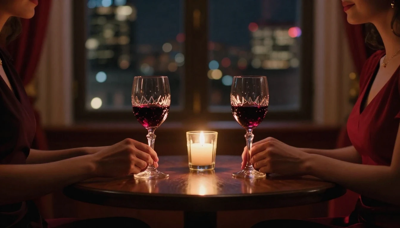 A cinematic close-up of a small wooden table set for two in ...