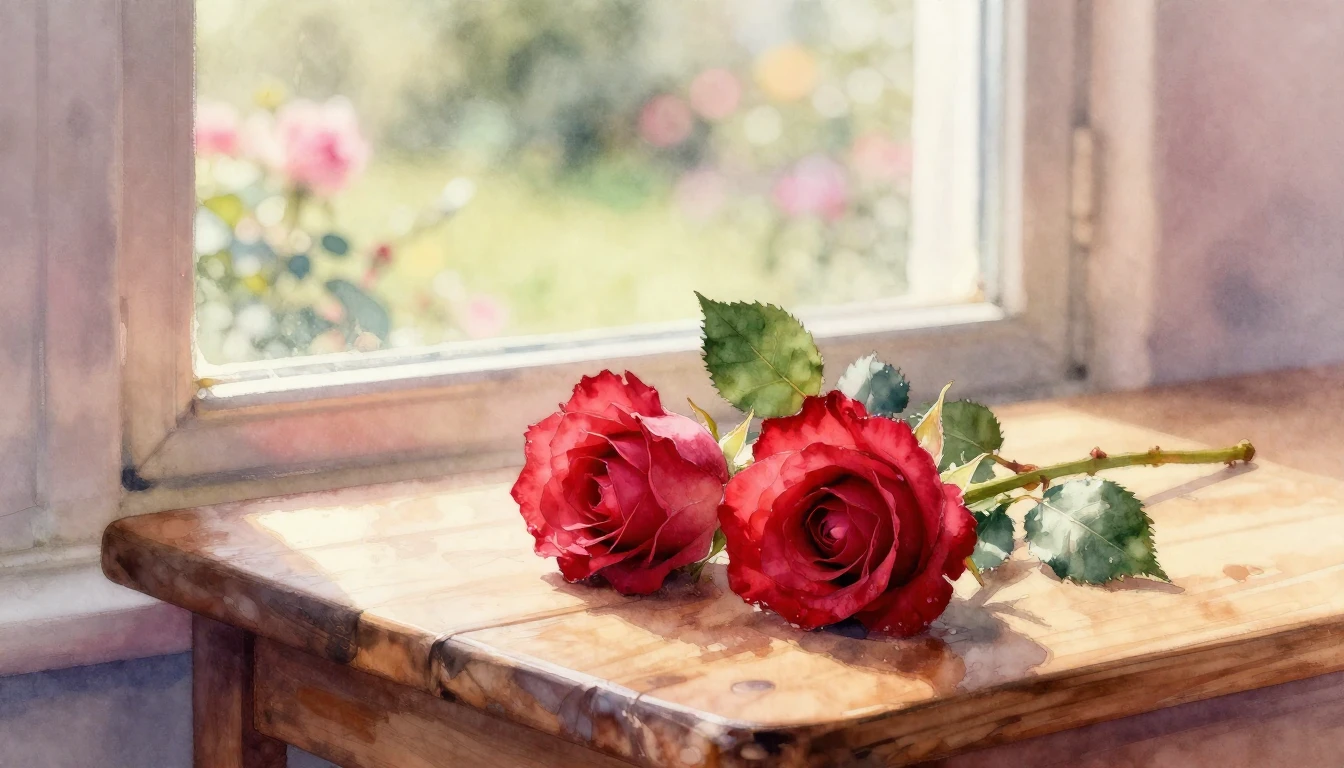 A beautiful watercolor painting of two delicate red roses re...