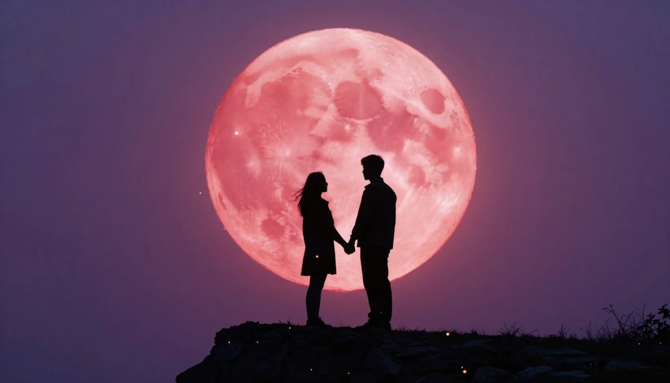 A romantic and atmospheric scene featuring two silhouettes s...