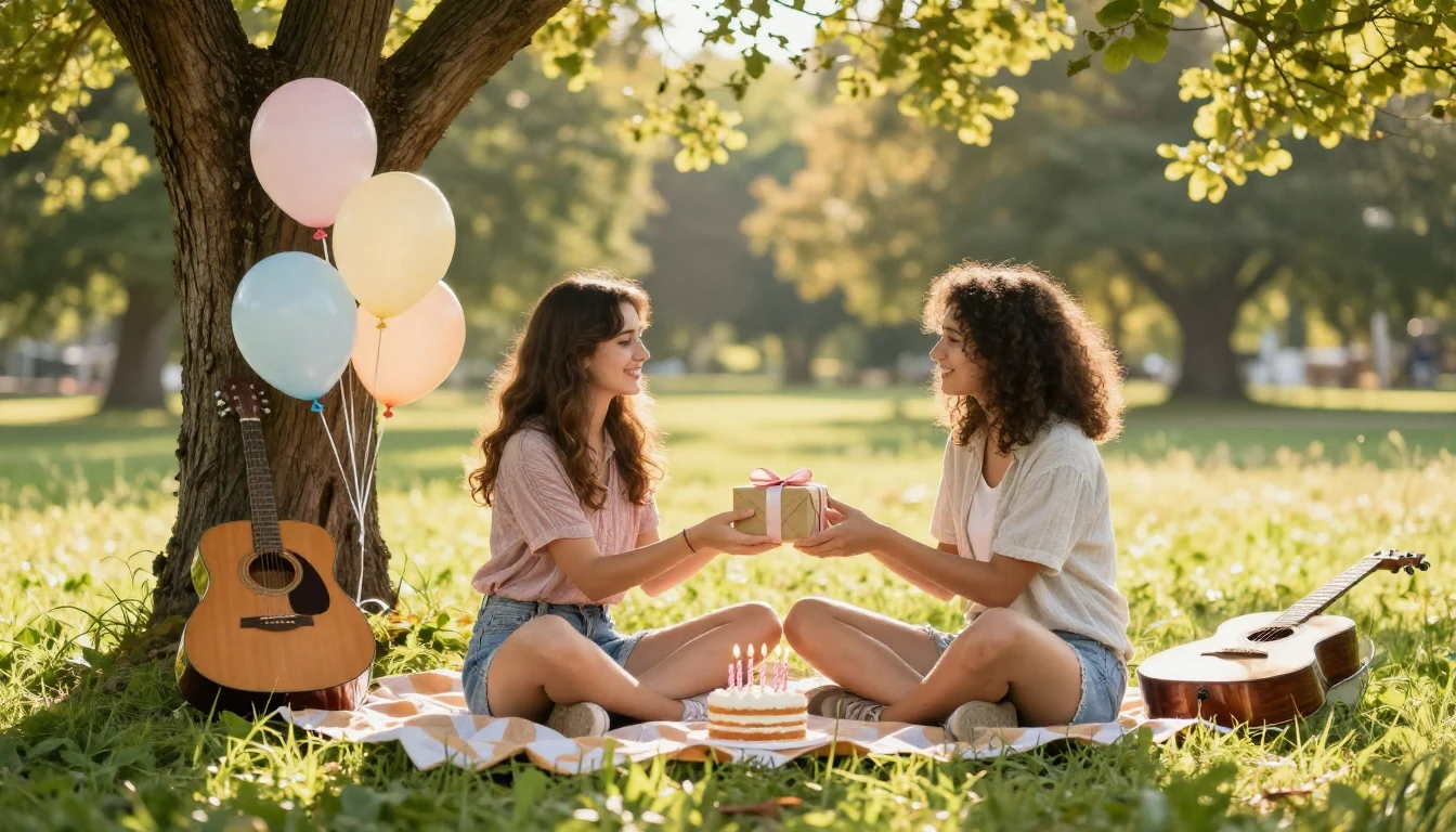 A heartwarming scene of two best friends sitting on a cozy p...