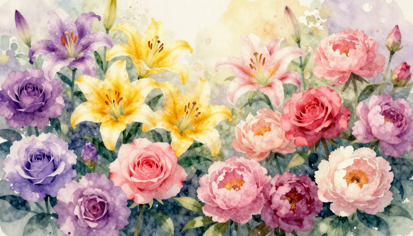 A vibrant watercolor painting of a diverse garden where vari...