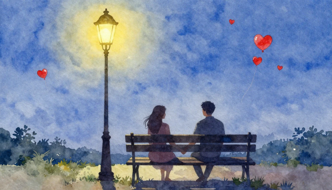 A soft, dreamy watercolor painting depicting a romantic silh...