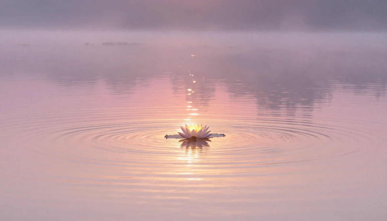 A serene landscape featuring a soft sunrise over a calm lake...