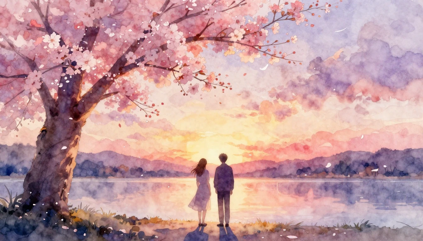 A dreamy watercolor painting of two silhouettes standing und...