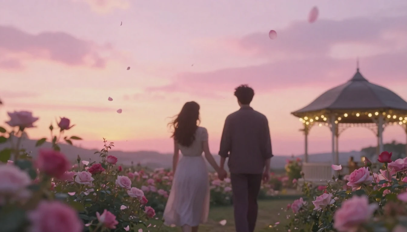 A dreamy and ethereal scene of two silhouettes walking hand-...