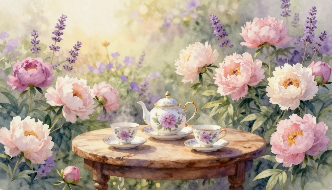 A beautiful watercolor painting of a serene garden filled wi...