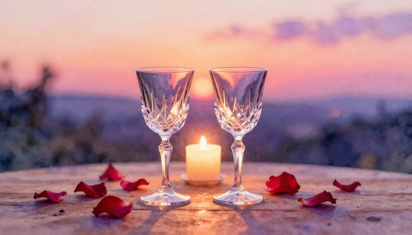 A beautiful watercolor painting of a romantic evening scene....