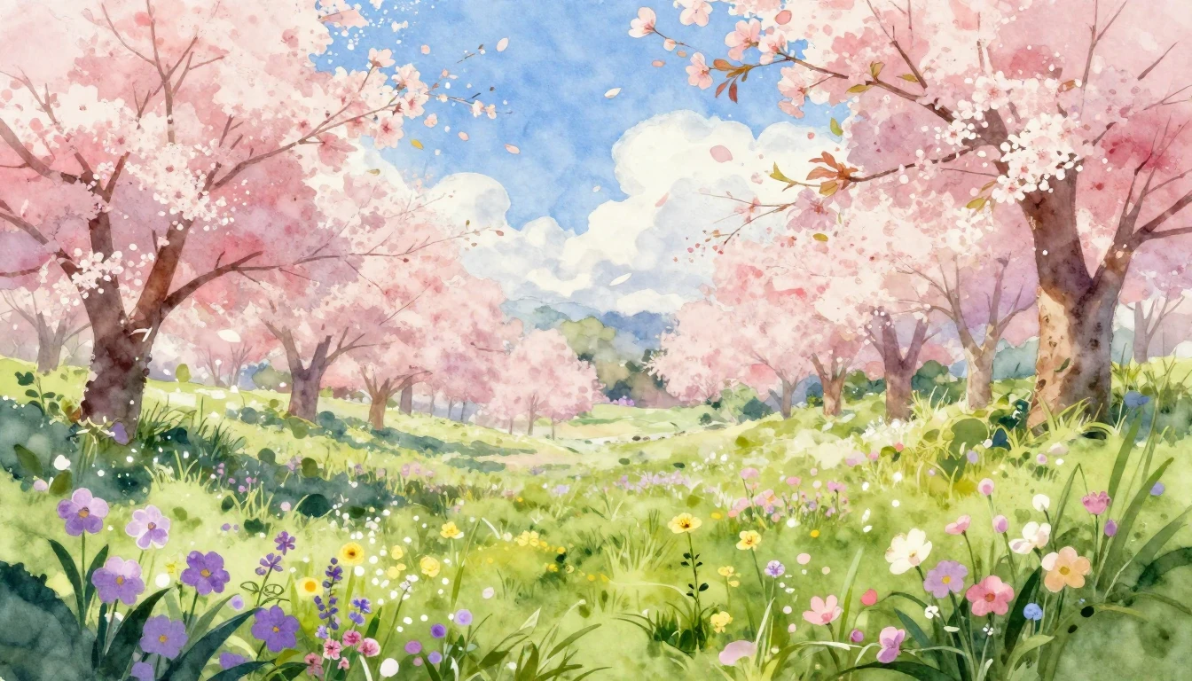 A vibrant watercolor painting of a lush spring meadow in ful...