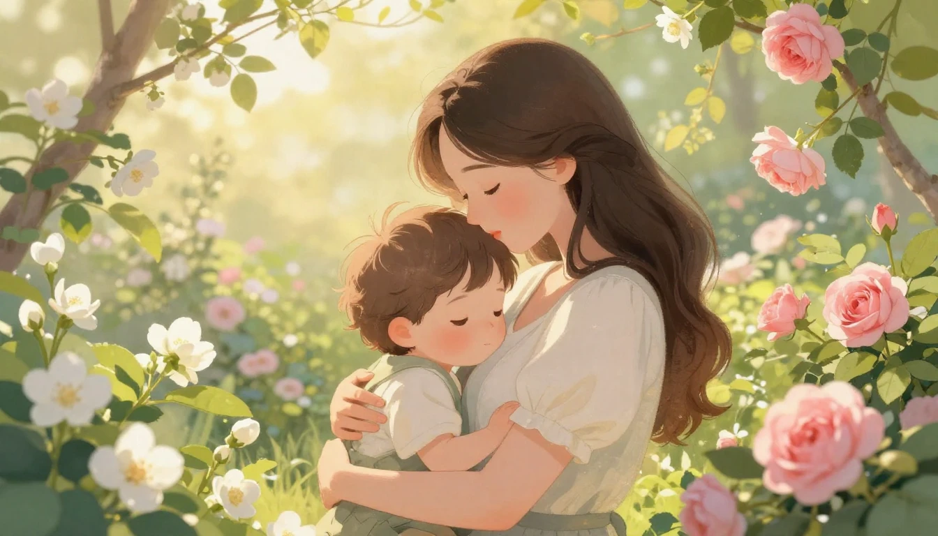 A heartwarming, soft illustration of a mother and child shar...