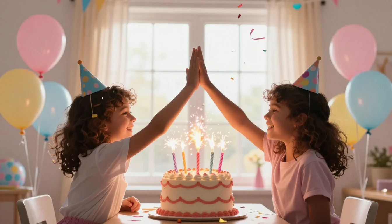 A vibrant and cheerful birthday party scene focused on frien...