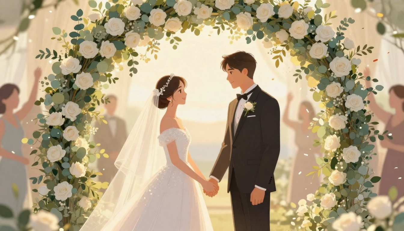 A romantic and dreamy illustration of a bride and groom hold...