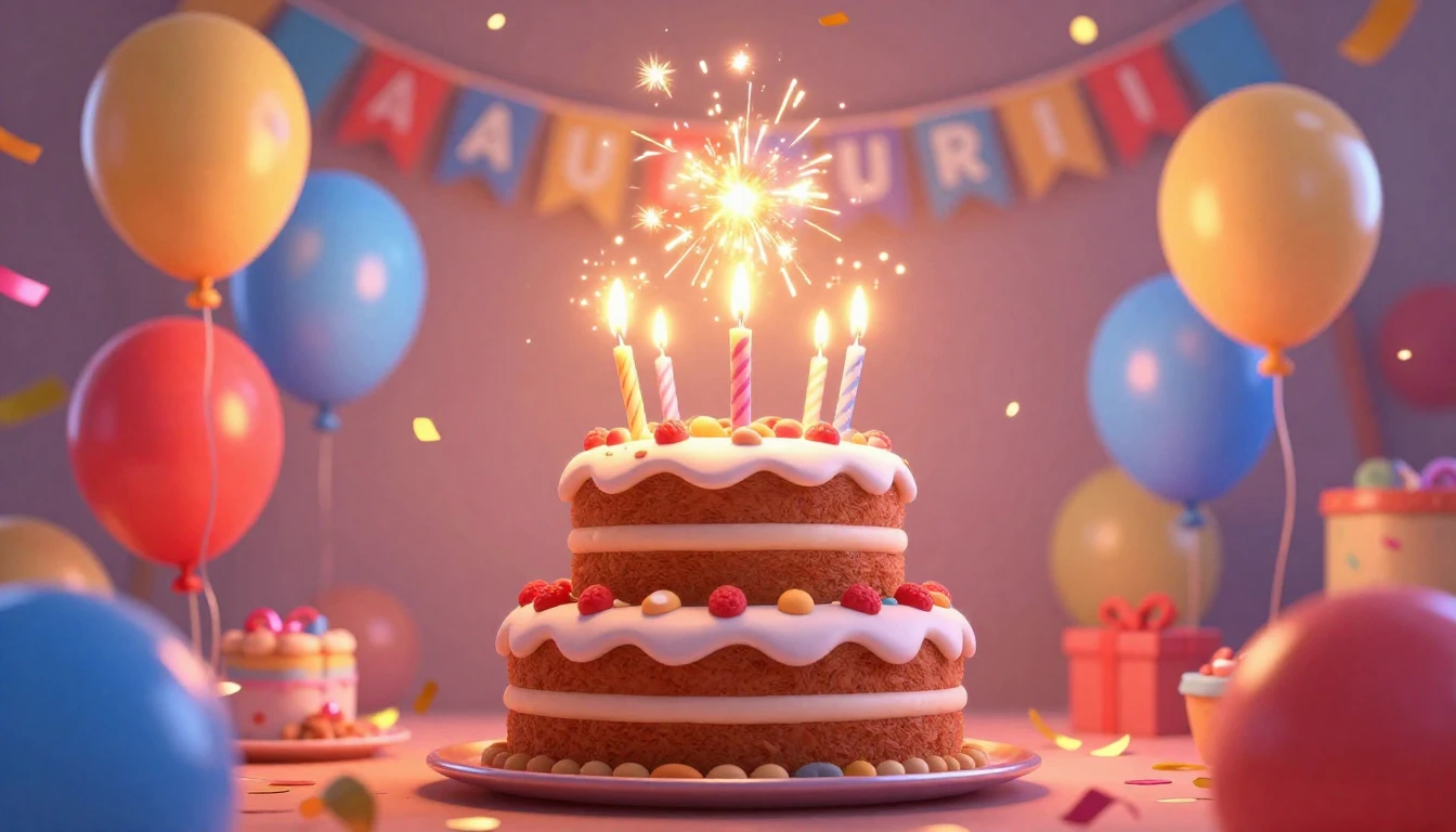A vibrant and joyful birthday celebration scene in a 3D anim...