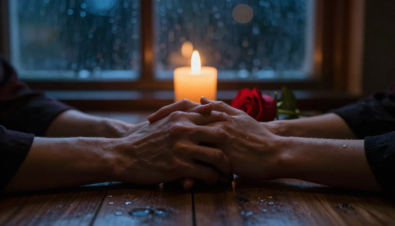 A cinematic close-up shot of two hands intertwining on a woo...
