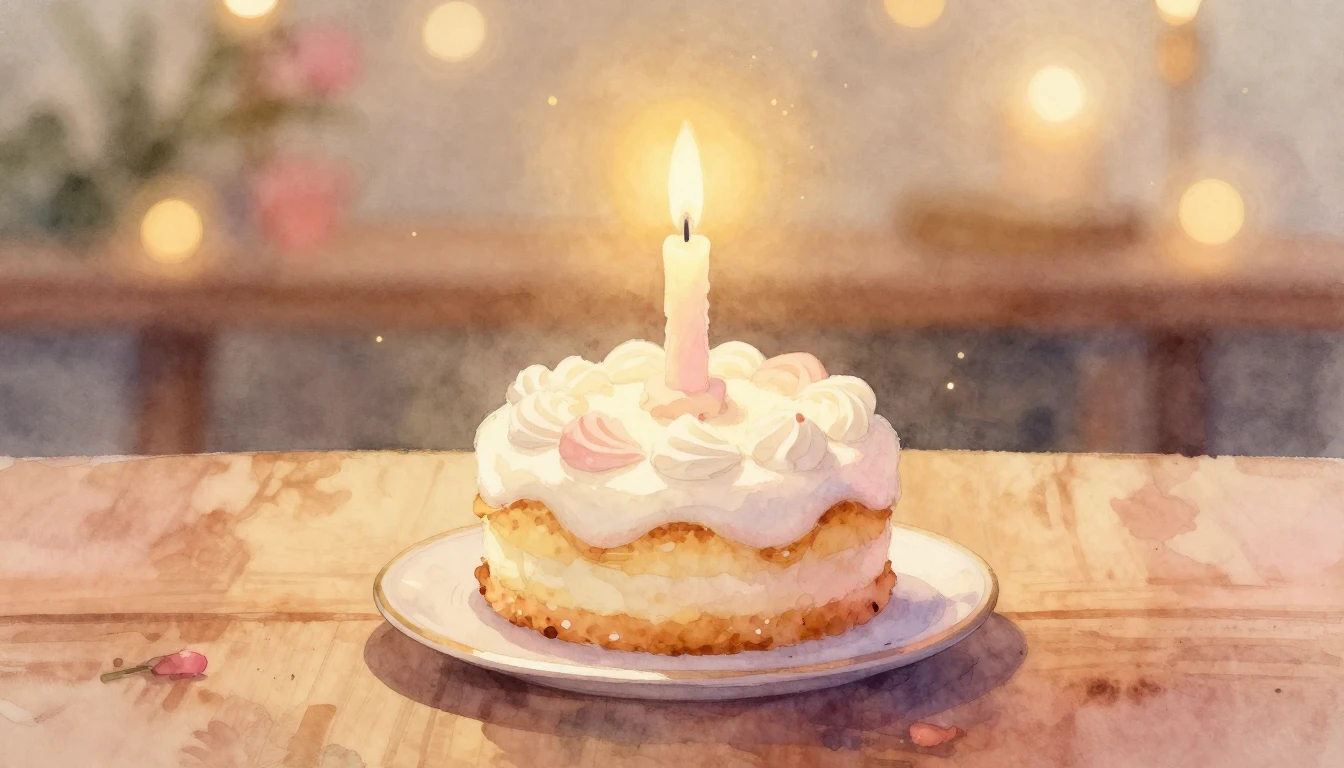 A soft watercolor painting of a single glowing candle on a s...