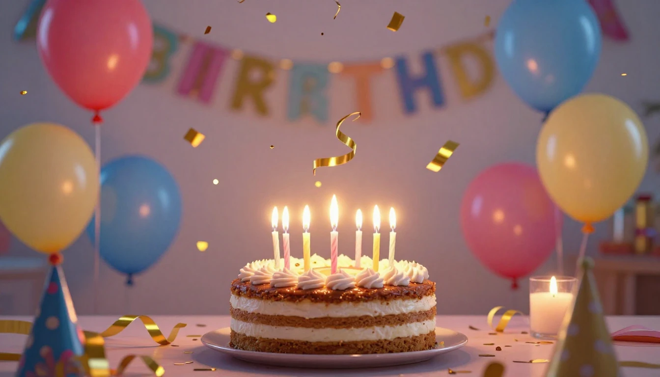 A vibrant and colorful scene of a birthday celebration. In t...