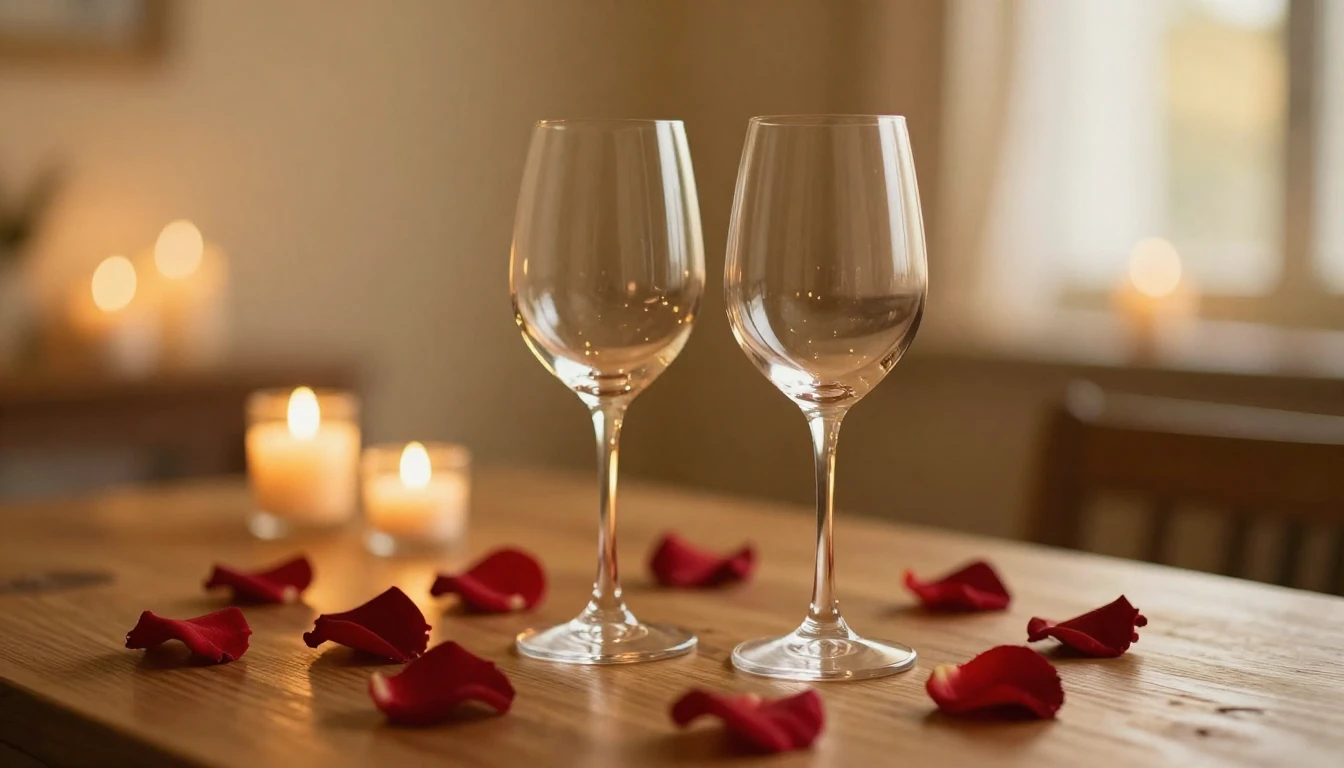 A dreamy and romantic scene featuring two elegant wine glass...