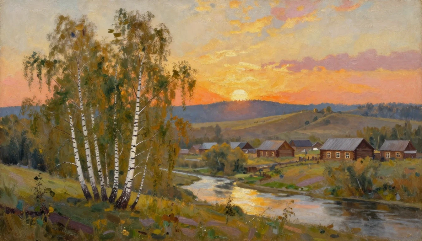 A breathtaking oil painting of a vast Russian landscape duri...