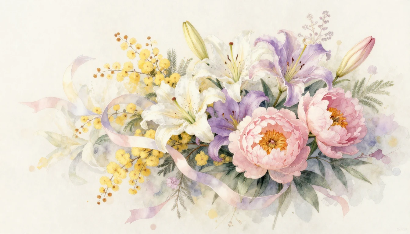 An exquisite watercolor painting depicting a delicate bouque...