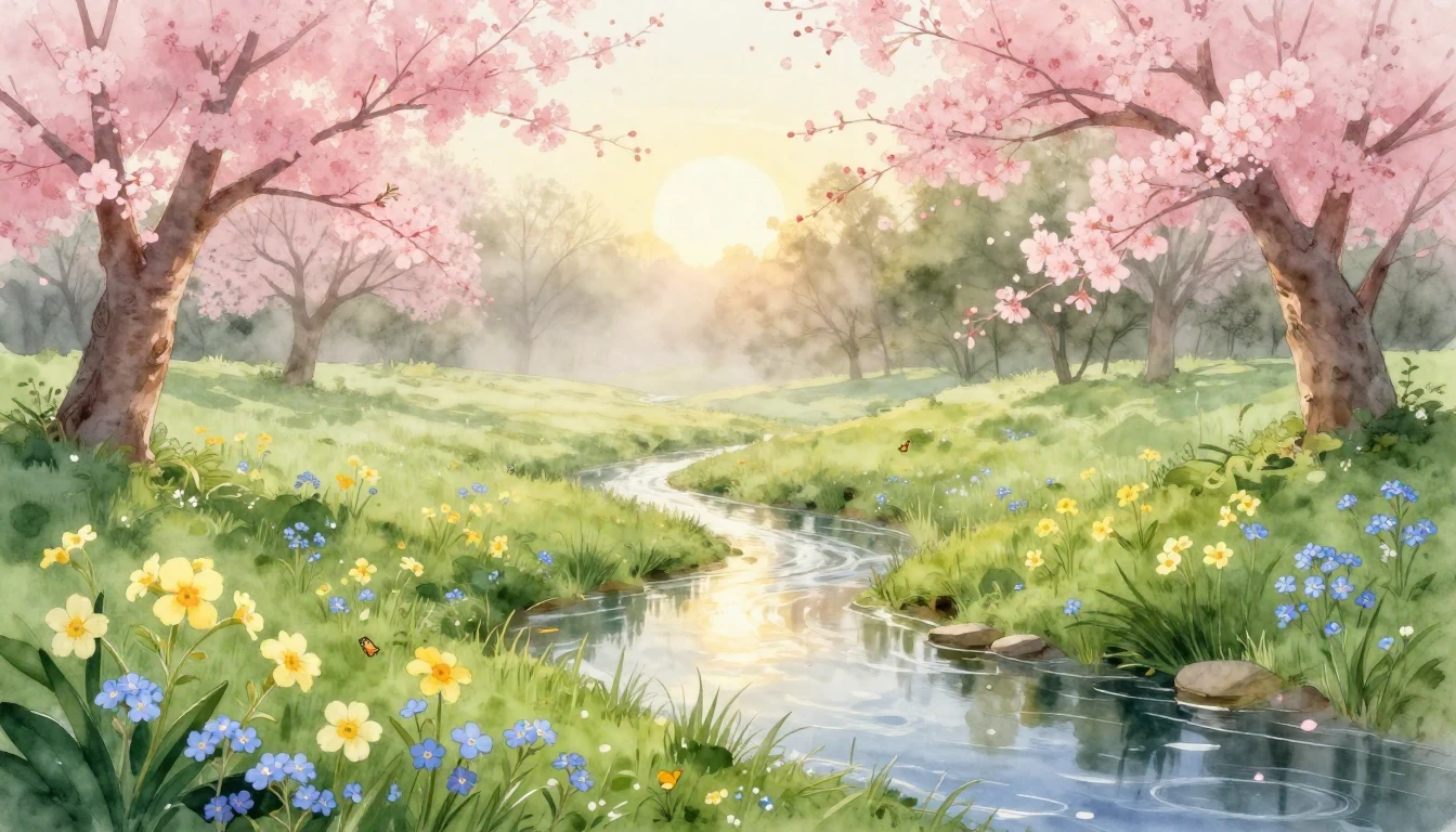 A delicate watercolor painting of a lush green meadow at daw...