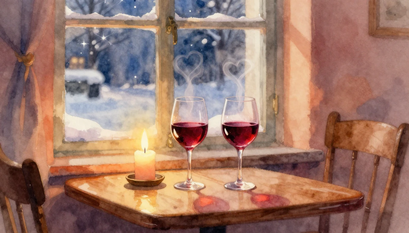A romantic and cozy indoor scene depicted in soft watercolor...