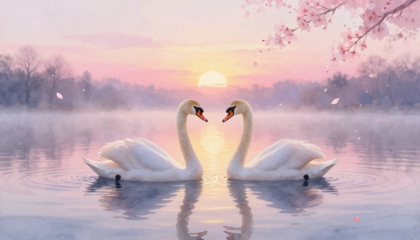 A dreamy and romantic watercolor painting of two elegant swa...