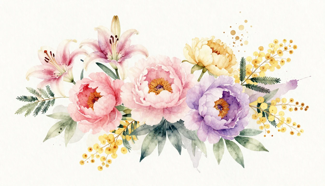 A beautiful and delicate watercolor painting featuring a var...