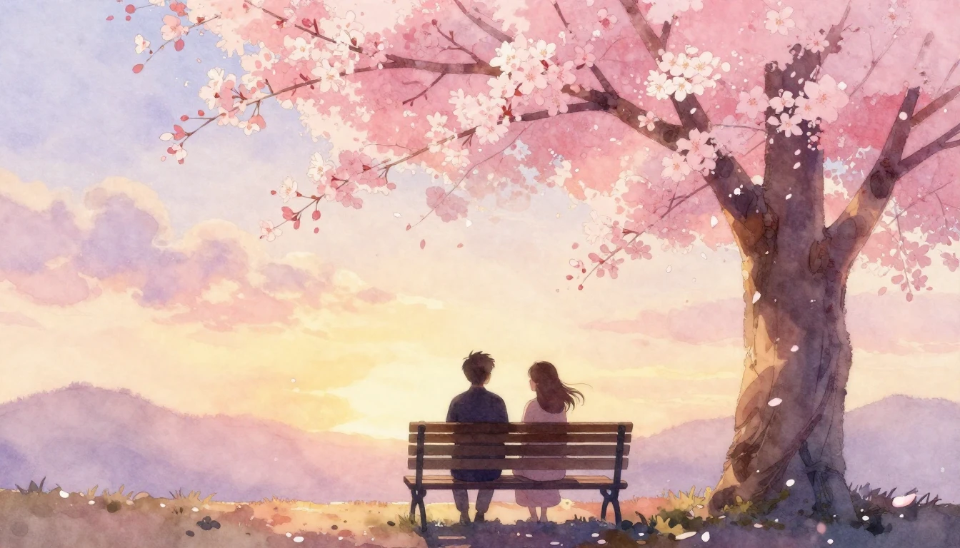 A soft watercolor painting of two silhouettes sitting on a b...