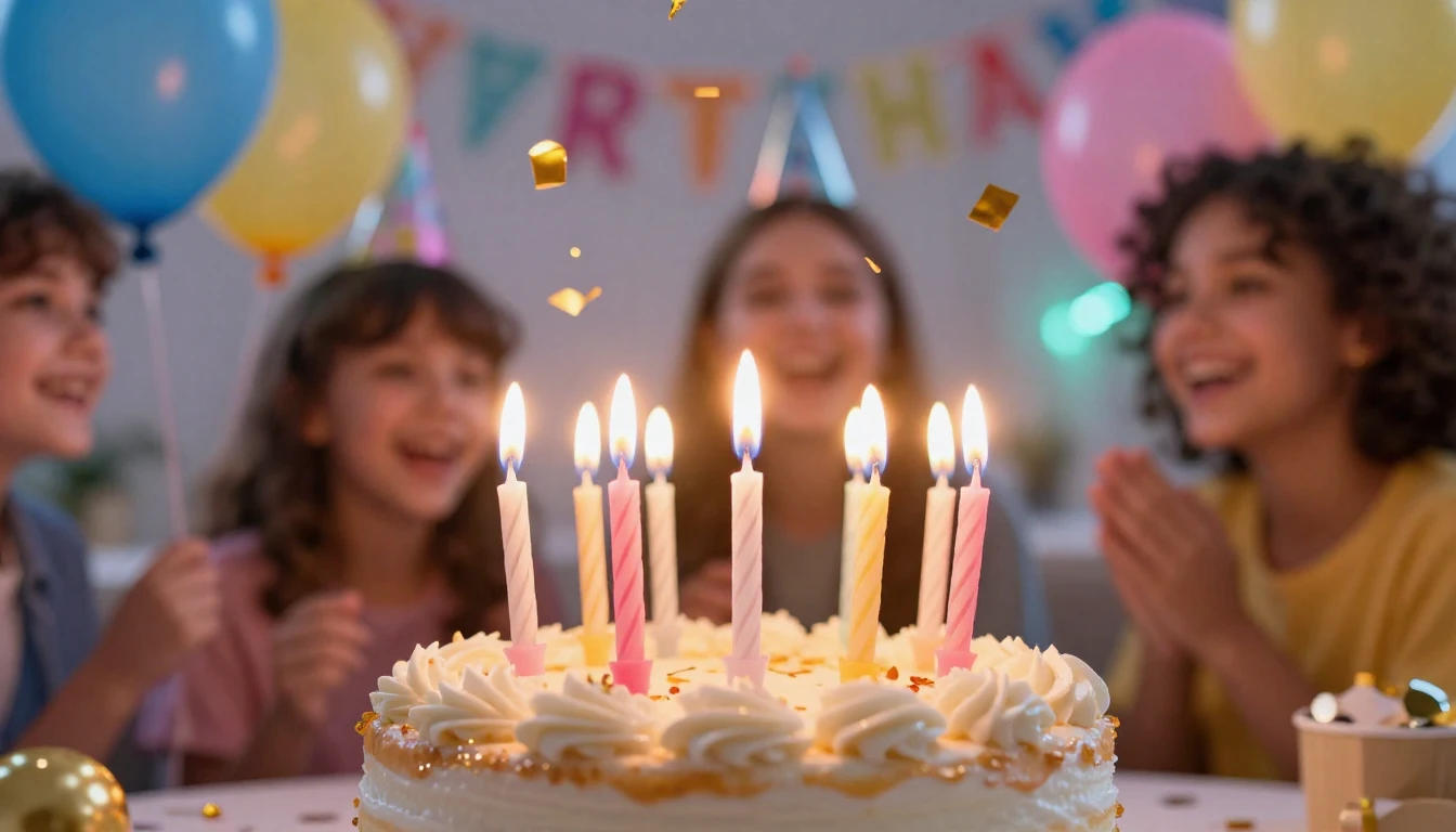 A vibrant and festive birthday celebration scene, close-up o...