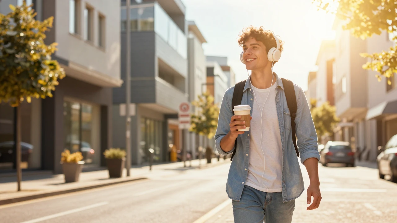 A bright and sunny urban morning scene, golden sunlight spil...