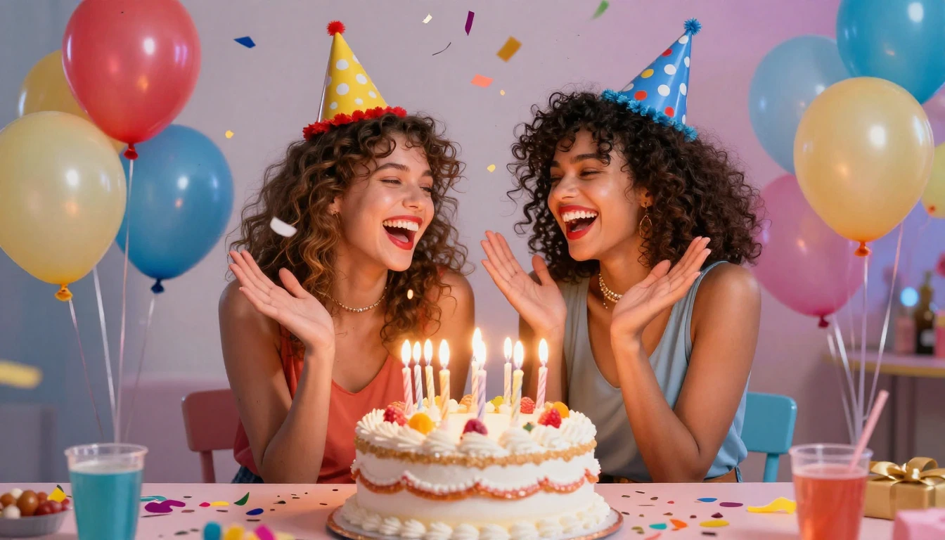 A colorful and vibrant birthday party scene with confetti, f...