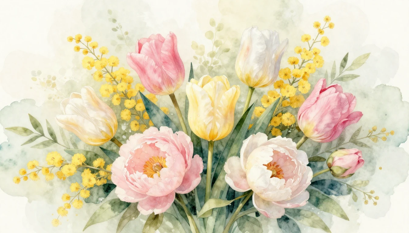 A beautiful watercolor painting of a lush spring bouquet fea...