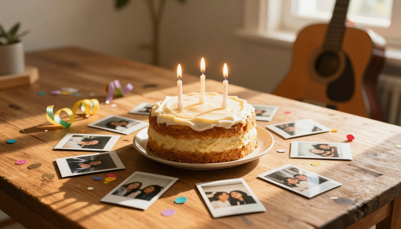 A warm and nostalgic scene on a rustic wooden table. In the ...