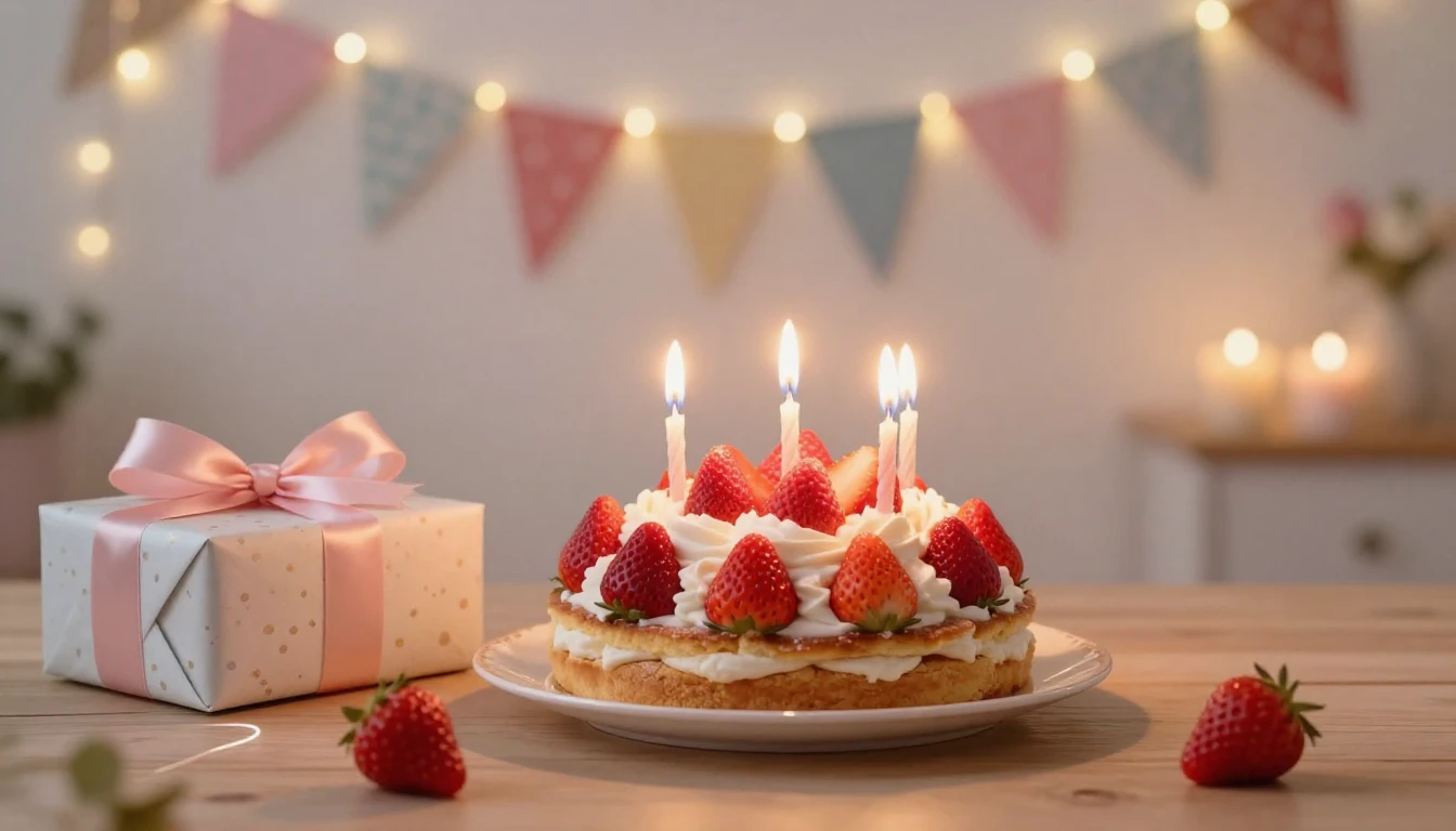 A warm and cozy birthday celebration scene inside a beautifu...