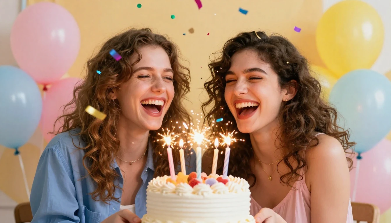 Two best friends laughing joyfully together holding a birthd...