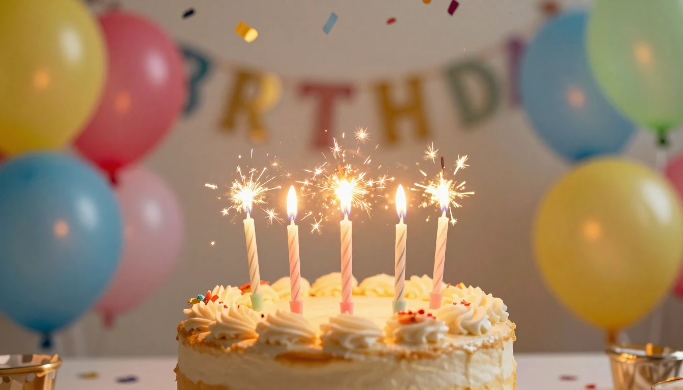 A festive and bright birthday celebration scene, focusing on...