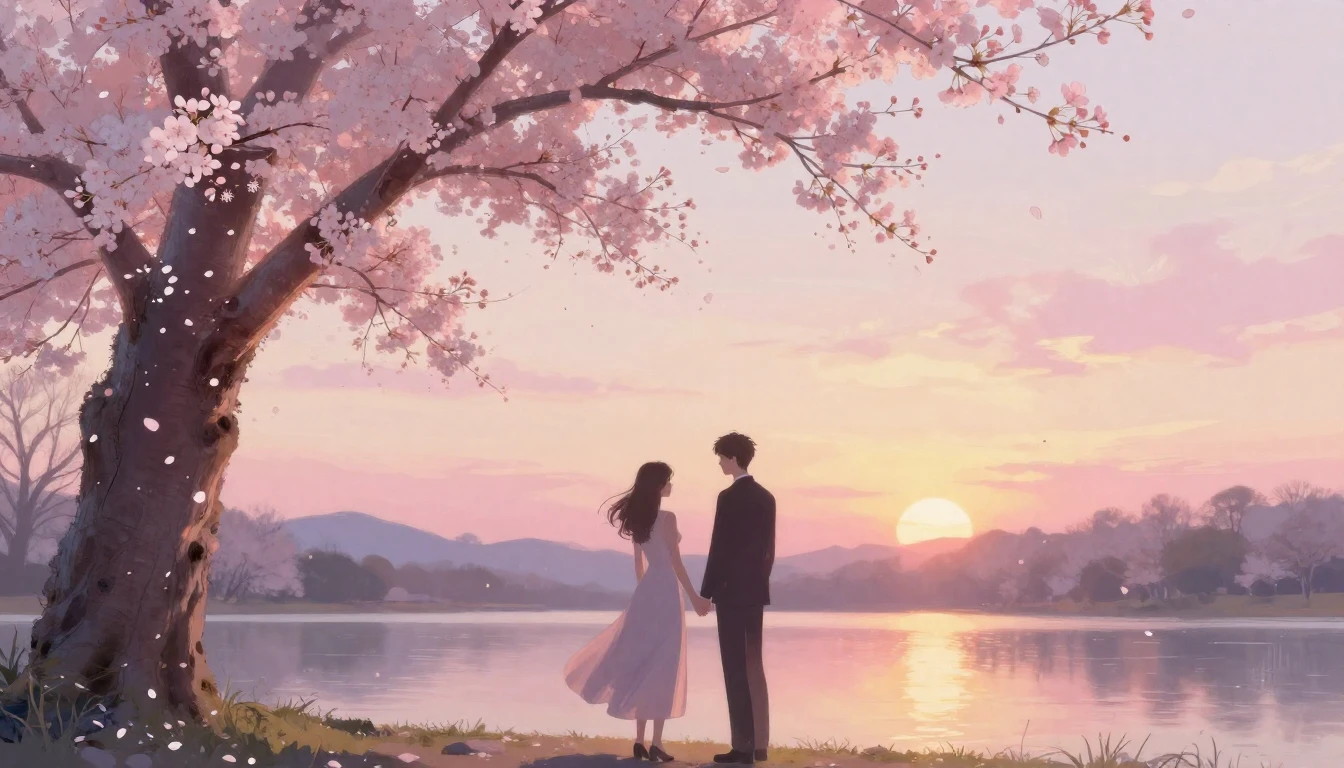 A dreamy and romantic scene featuring two elegant silhouette...
