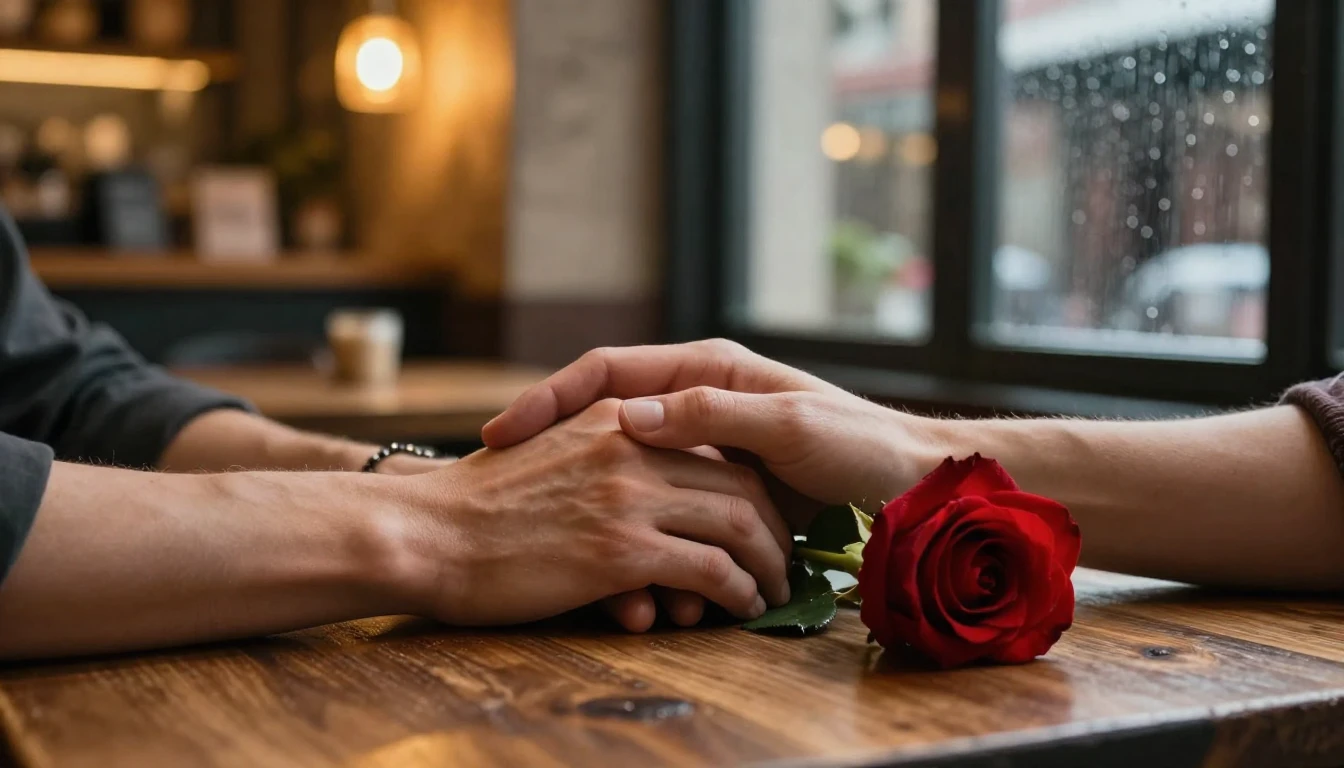 A cinematic close-up shot of two hands holding each other ge...
