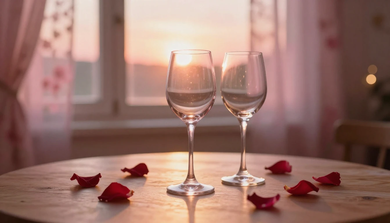 A soft and dreamy scene featuring two elegant wine glasses o...