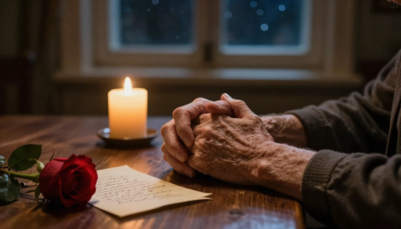 A cinematic close-up shot of two elderly hands holding each ...