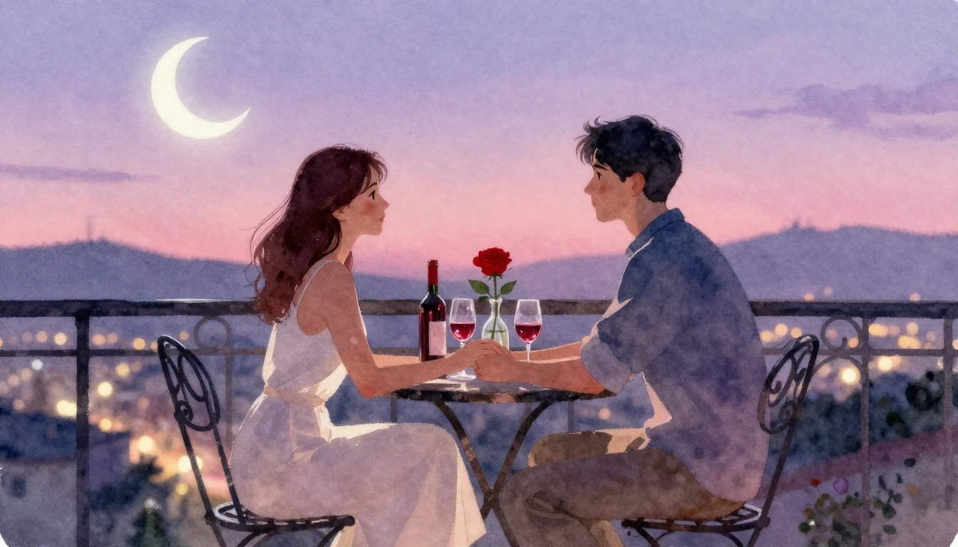 A romantic watercolor painting of a couple sitting on a smal...