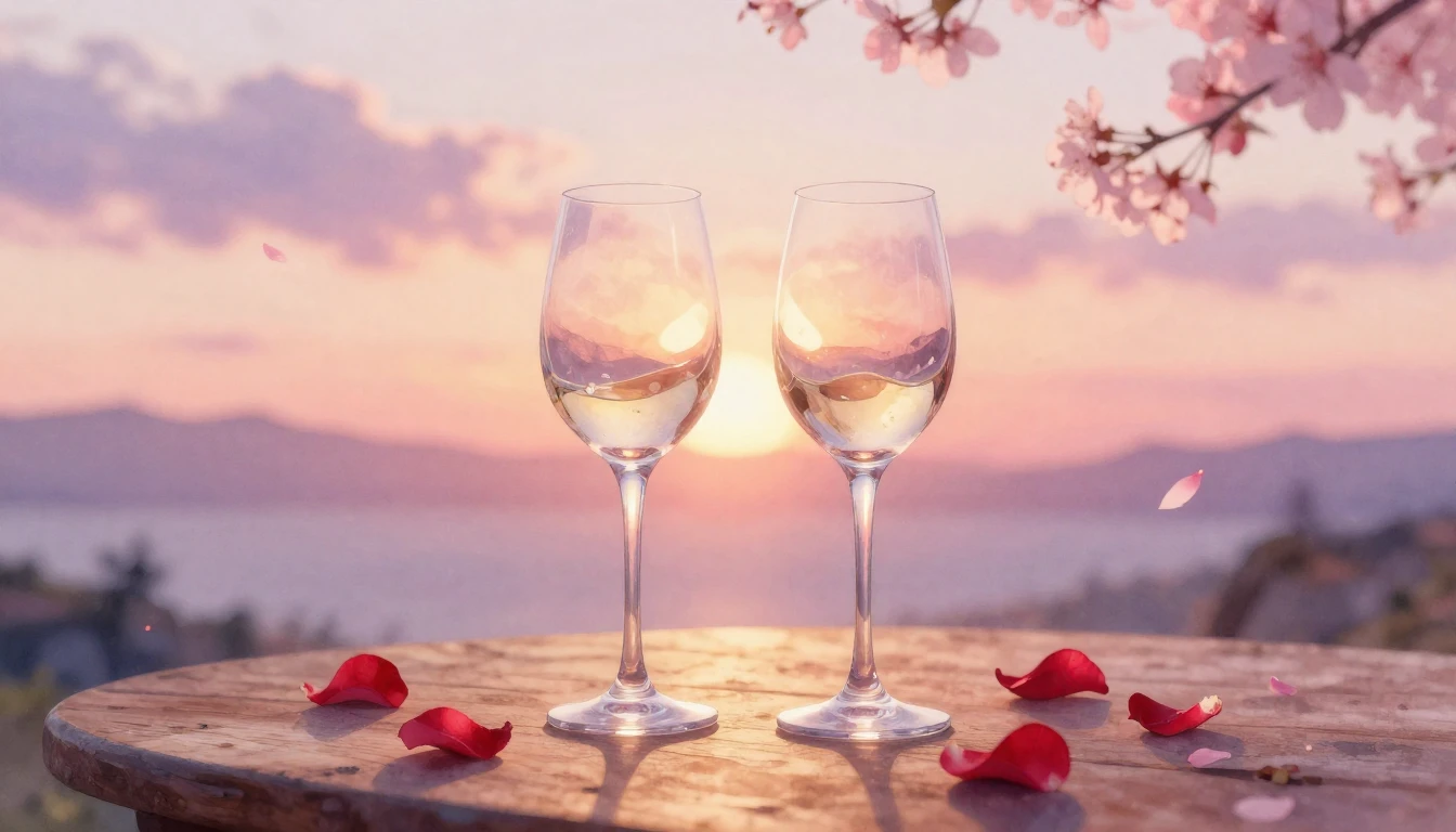 A dreamy watercolor painting of two elegant wine glasses sta...