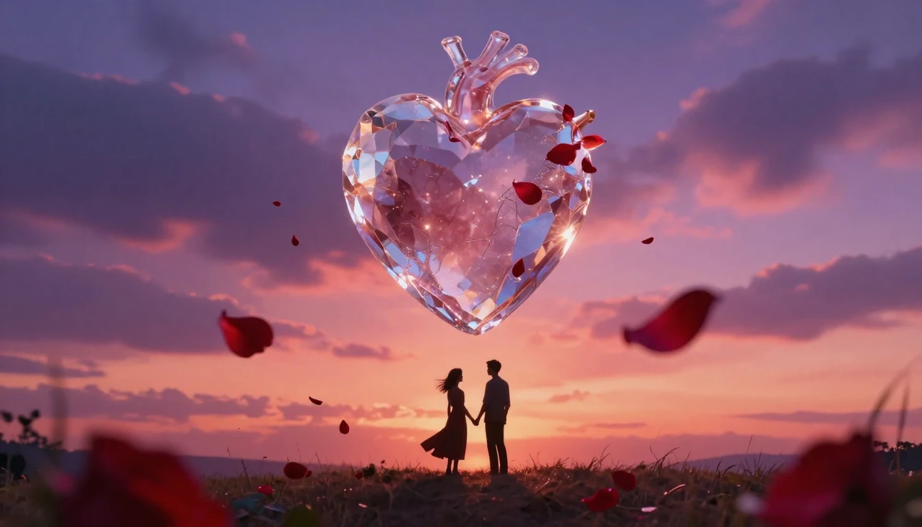 A cinematic shot of a glowing, translucent crystal heart sus...