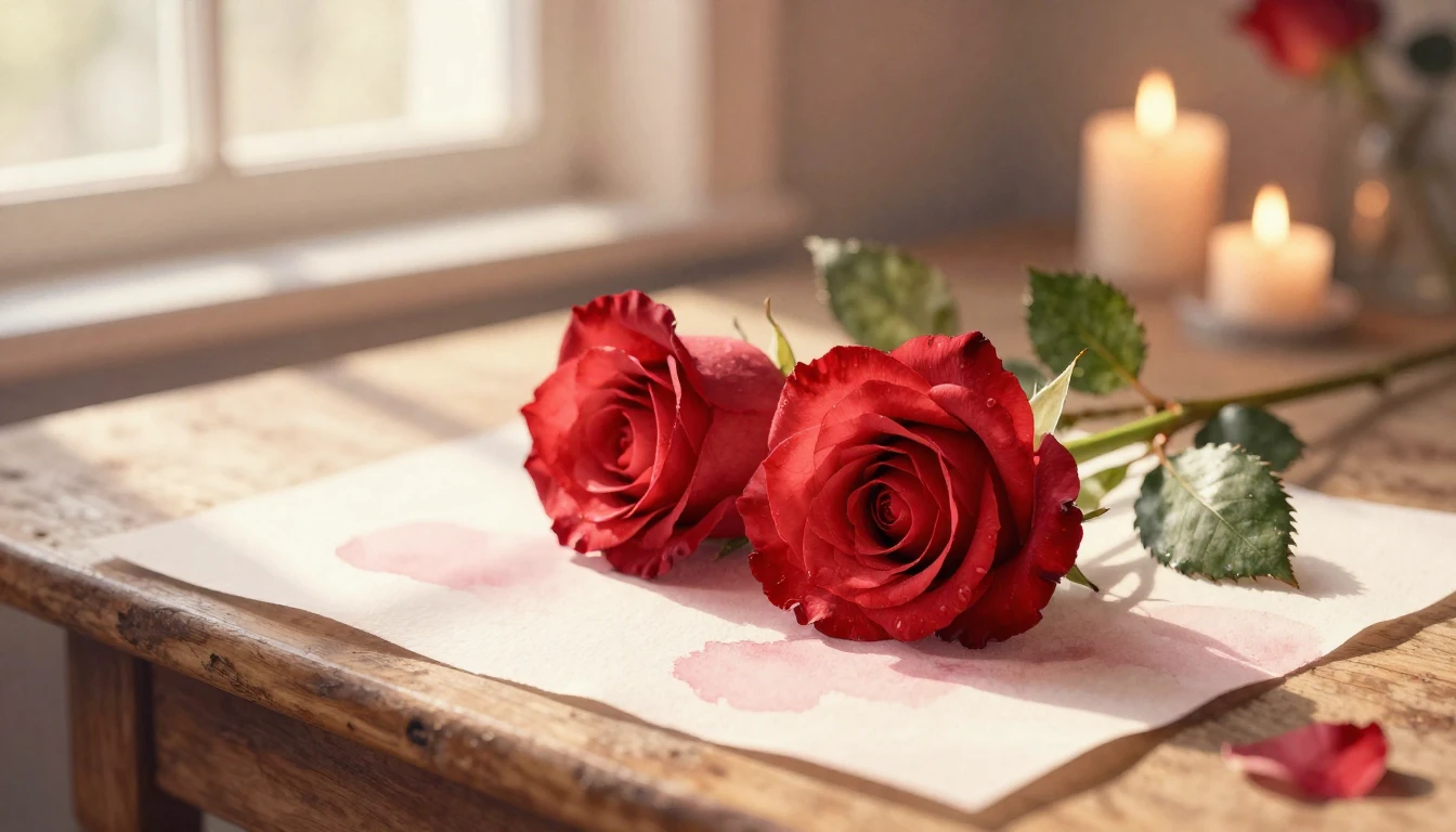 A delicate watercolor painting of two intertwined red roses ...