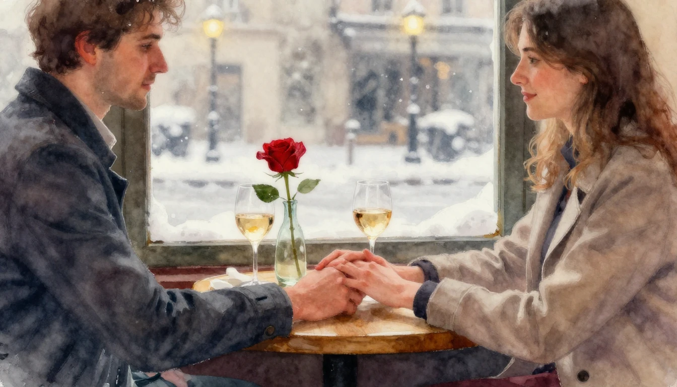 A romantic watercolor painting featuring an intimate close-u...