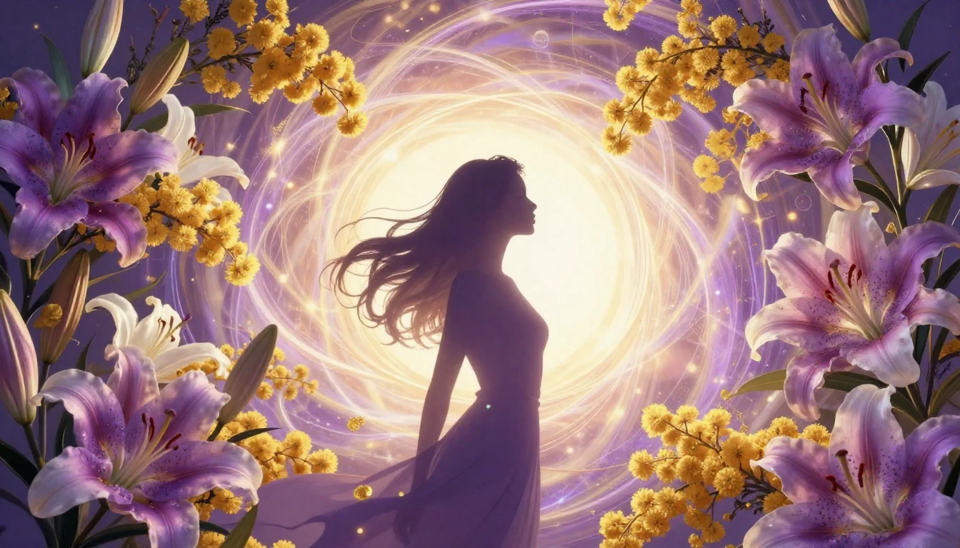 A vibrant and symbolic composition featuring a silhouette of...