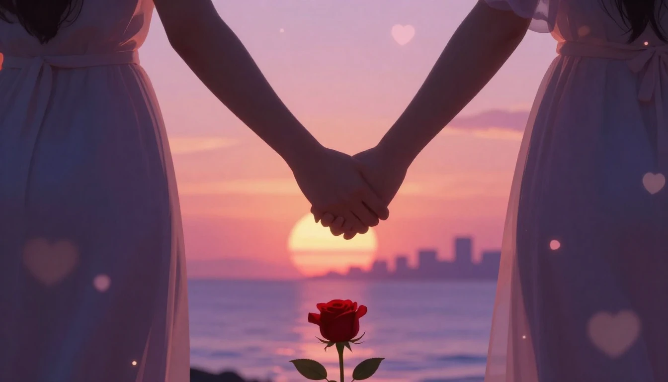 A romantic and dreamy illustration of a couple holding hands...