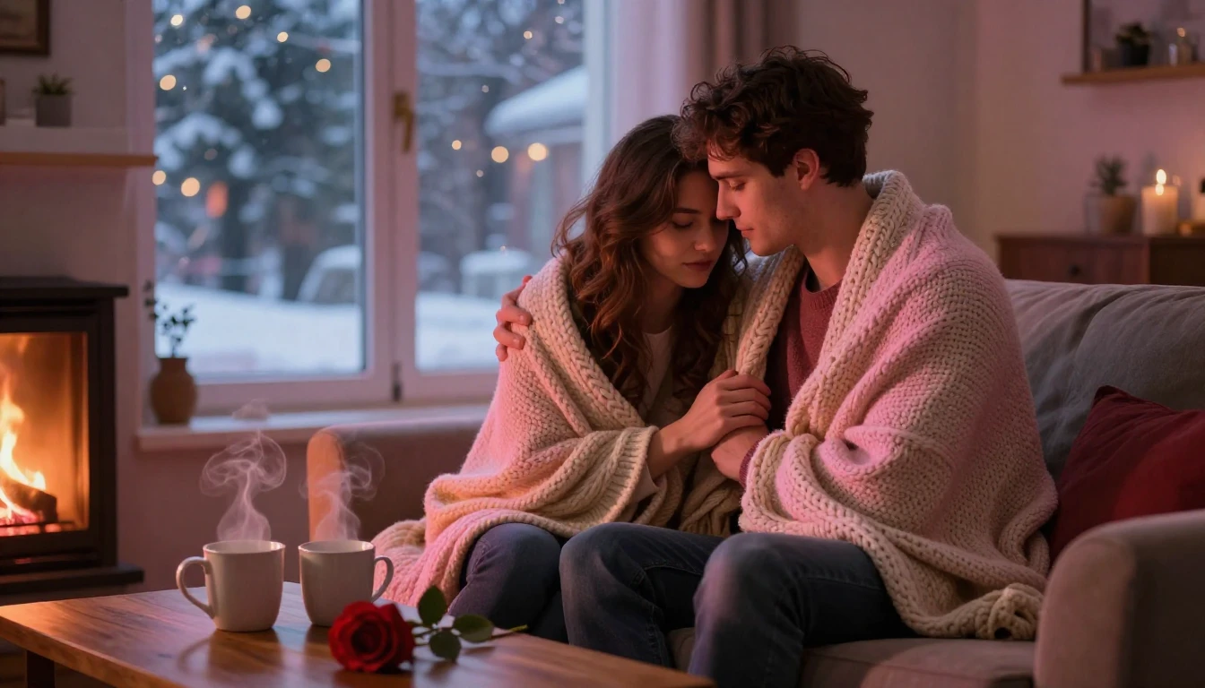A romantic and cozy scene depicting a couple sitting closely...