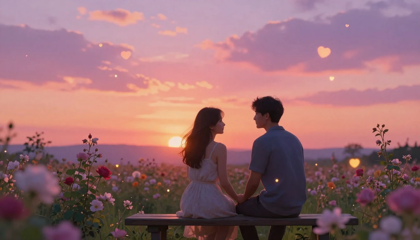 A romantic and dreamy illustration of a couple sitting on a ...