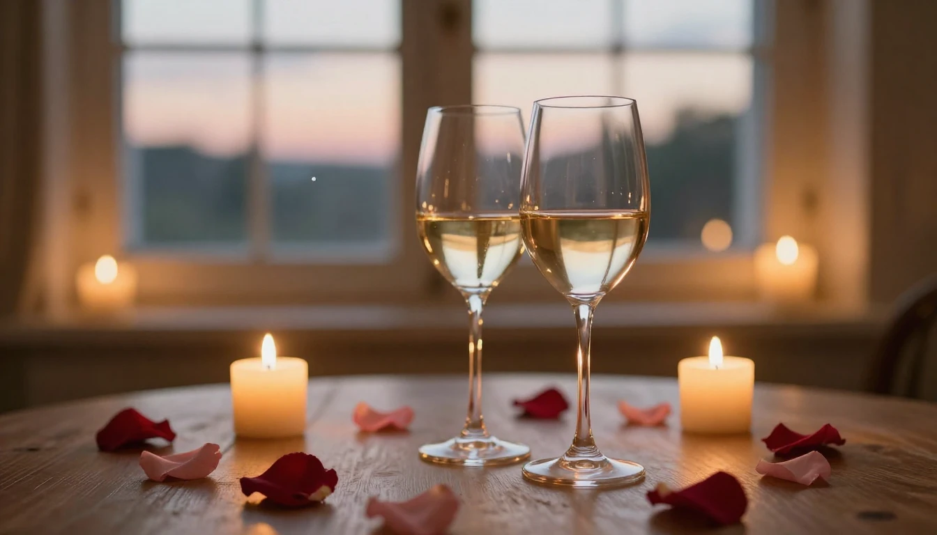 A serene and romantic scene featuring two elegant glasses of...